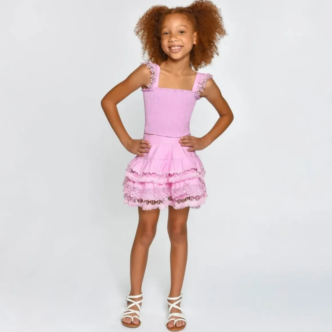 ADINA PINK LEMONADE SMOCKED TOP AND RUFFLE SKIRT