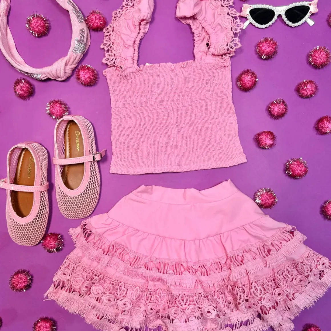 ADINA PINK LEMONADE SMOCKED TOP AND RUFFLE SKIRT