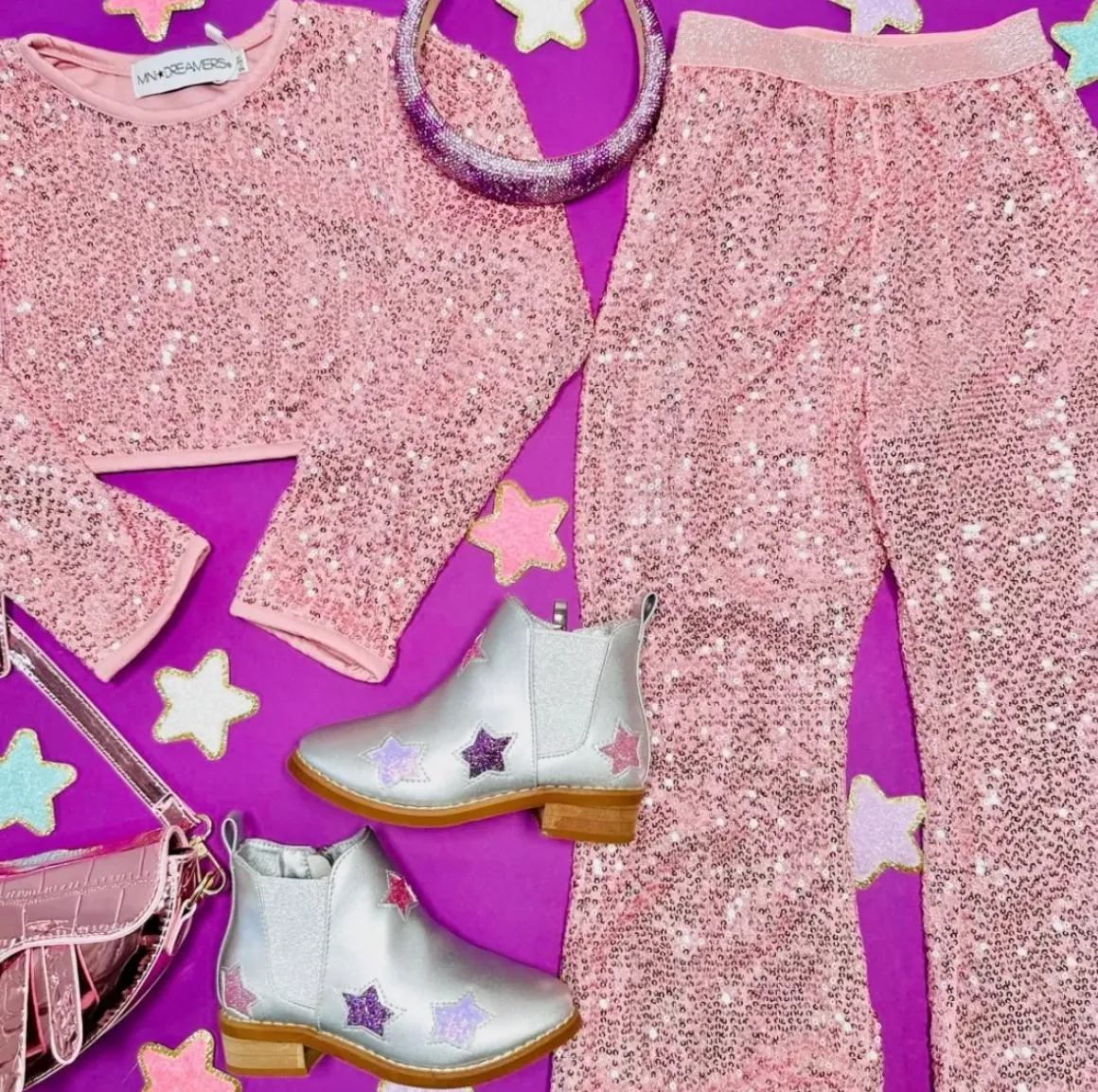 ALIYAH SEQUIN LOVE SLEEVE CROP TOP AND PANTS SET