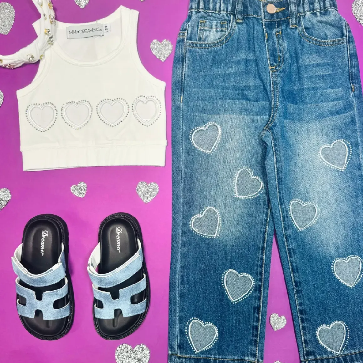 AMELIA CRYSTAL HEARTS DENIM PANTS