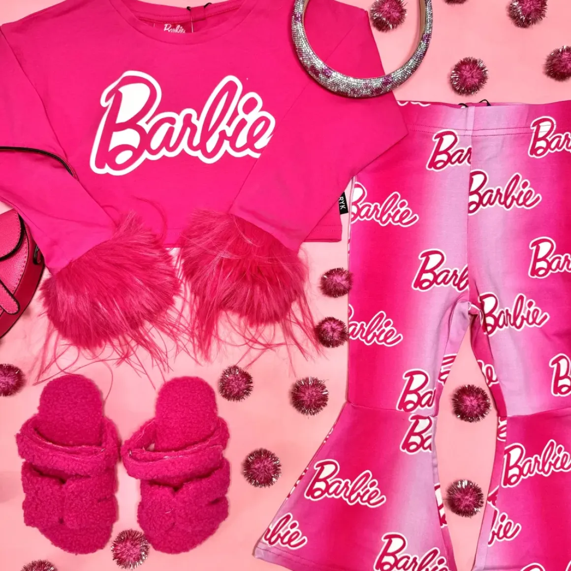 BARBIE FEATHER TRIM LONG SLEEVE CROP TOP