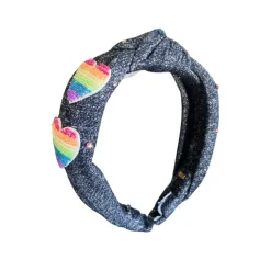 BEADED HEARTS DENIM HEADBAND