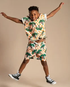 CHECKERED DINO SWIM TRUNKS