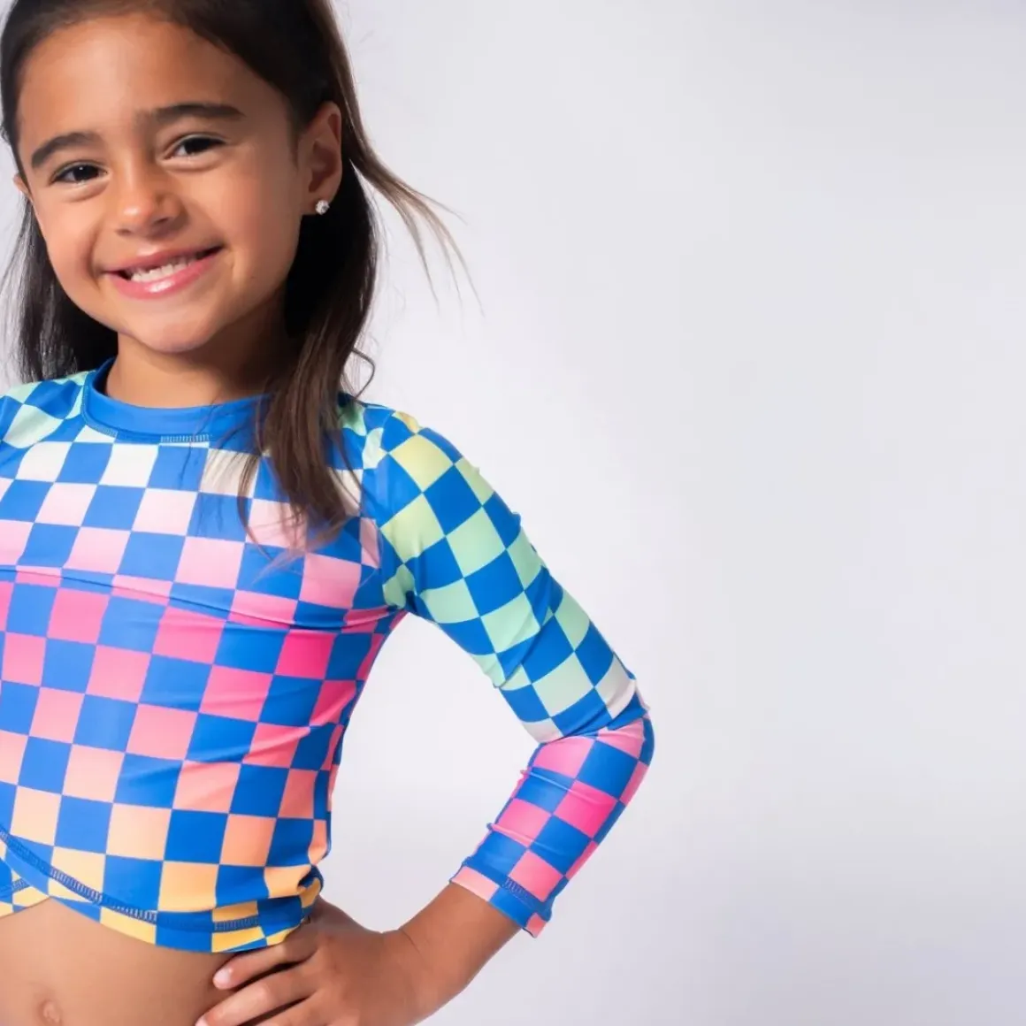 CHECKERED LONG SLEEVE RASH GUARD TWO PIECE SWIMSUIT SET