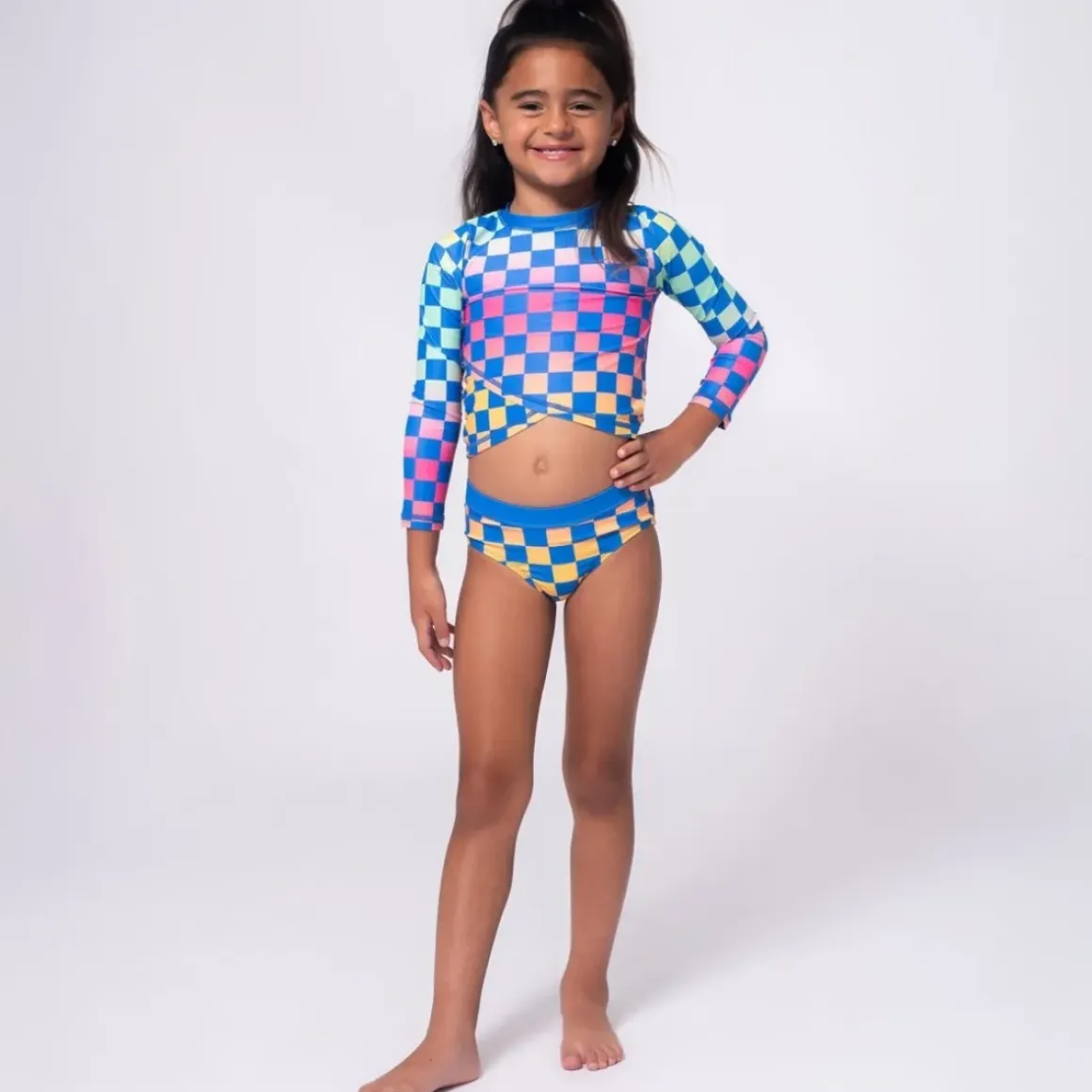 CHECKERED LONG SLEEVE RASH GUARD TWO PIECE SWIMSUIT SET