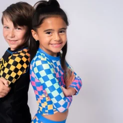 CHECKERED LONG SLEEVE RASH GUARD TWO PIECE SWIMSUIT SET