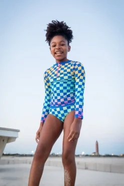CHECKERED LONG SLEEVE RASH GUARD TWO PIECE SWIMSUIT SET