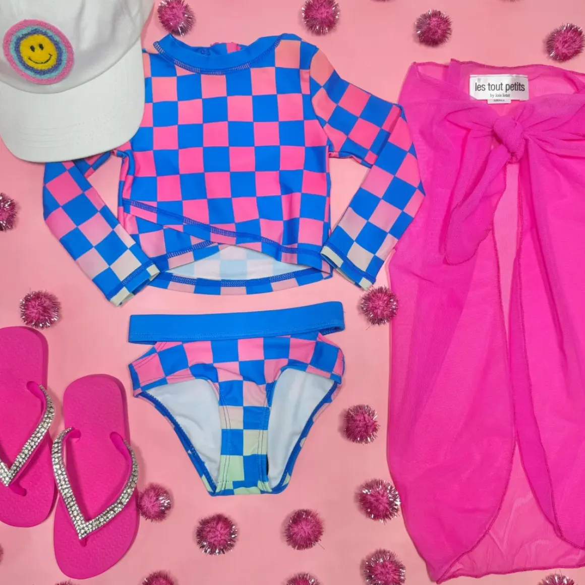 CHECKERED LONG SLEEVE RASH GUARD TWO PIECE SWIMSUIT SET