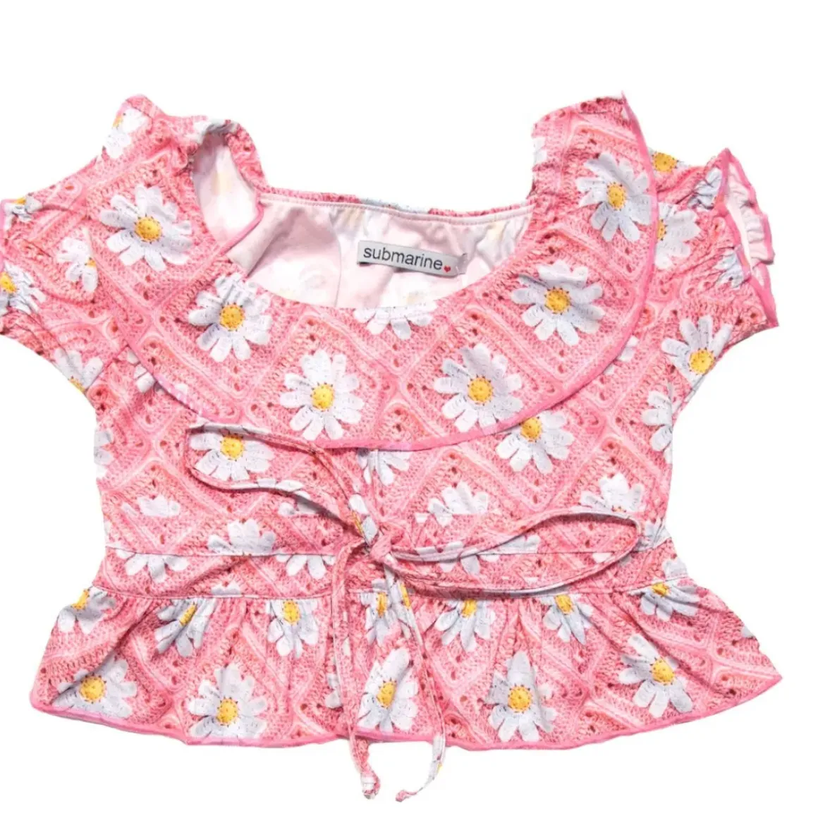 CROCHET FLOWER PRINT TIE FRONT TOP