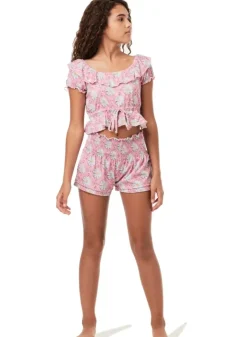 CROCHET FLOWER PRINT TIE FRONT TOP