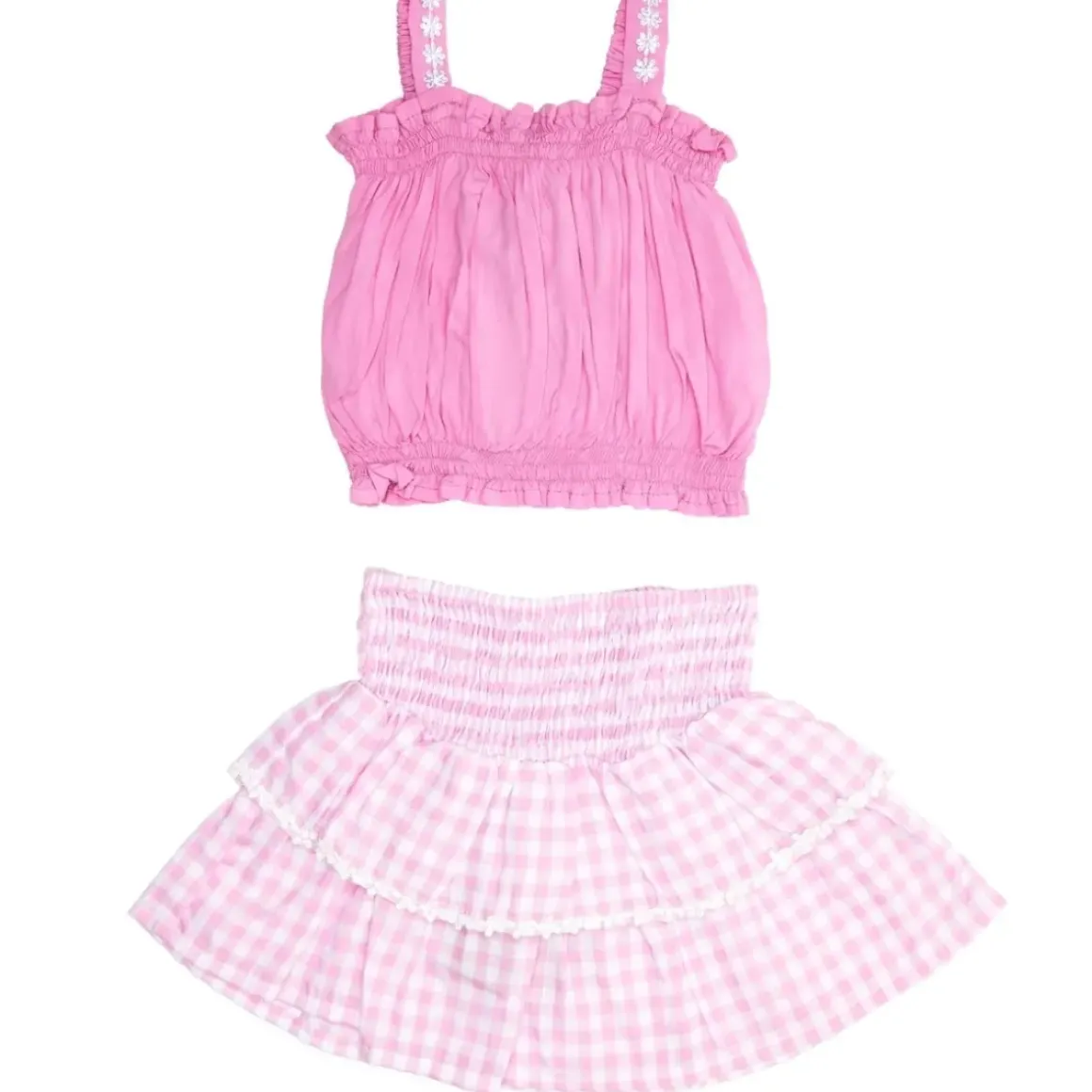 DAISY TRIM TOP AND GINGHAM RUFFLE SKIRT SET