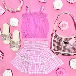 DAISY TRIM TOP AND GINGHAM RUFFLE SKIRT SET