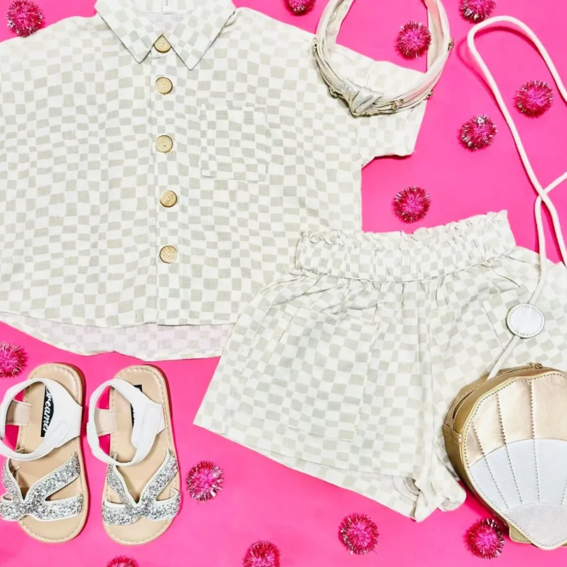 DOVE CHECK KELLI BUTTON DOWN AND SHORTS SET