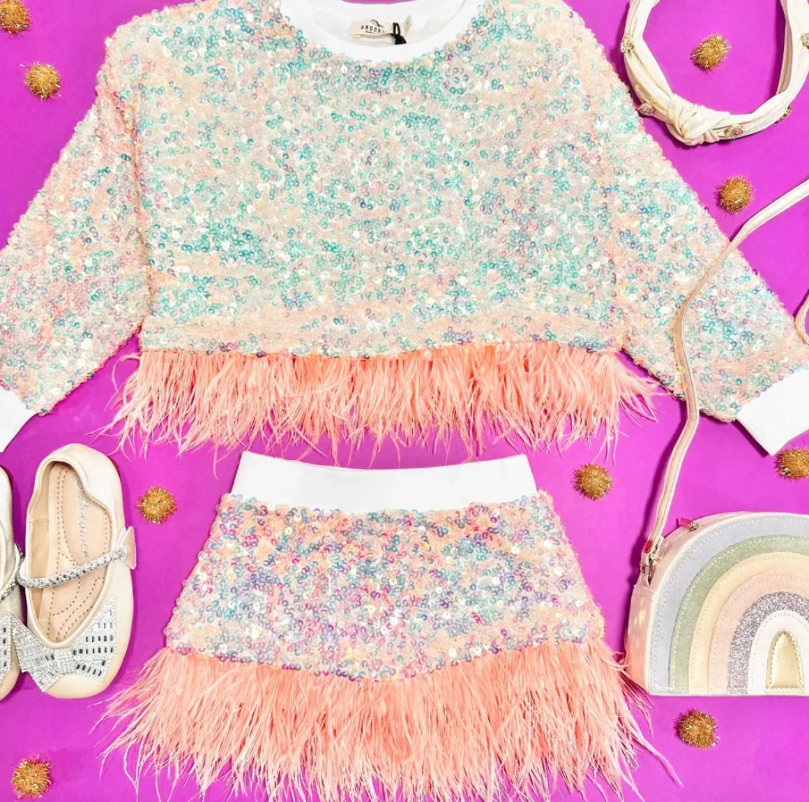 EMBELLISHED SEQUIN SKIRT W/ FEATHERS