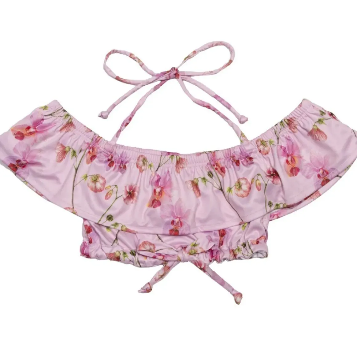 FLORAL ORCHIDS RUFFLE CROP TOP