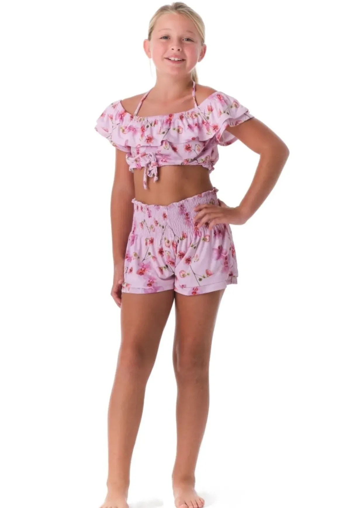 FLORAL ORCHIDS RUFFLE CROP TOP