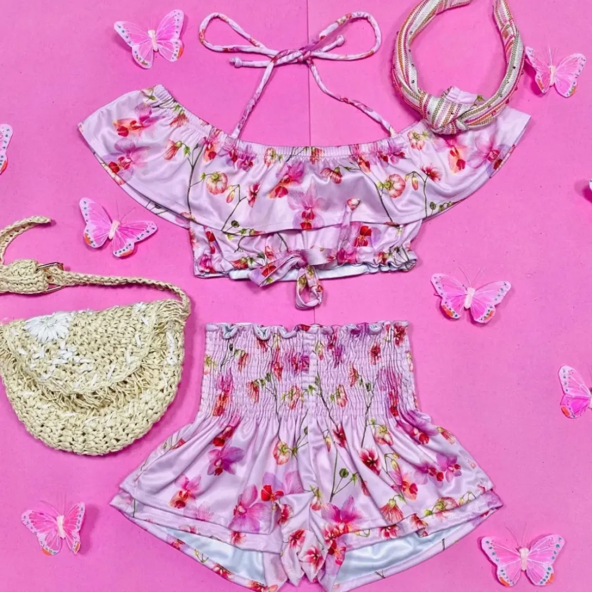 FLORAL ORCHIDS RUFFLE CROP TOP