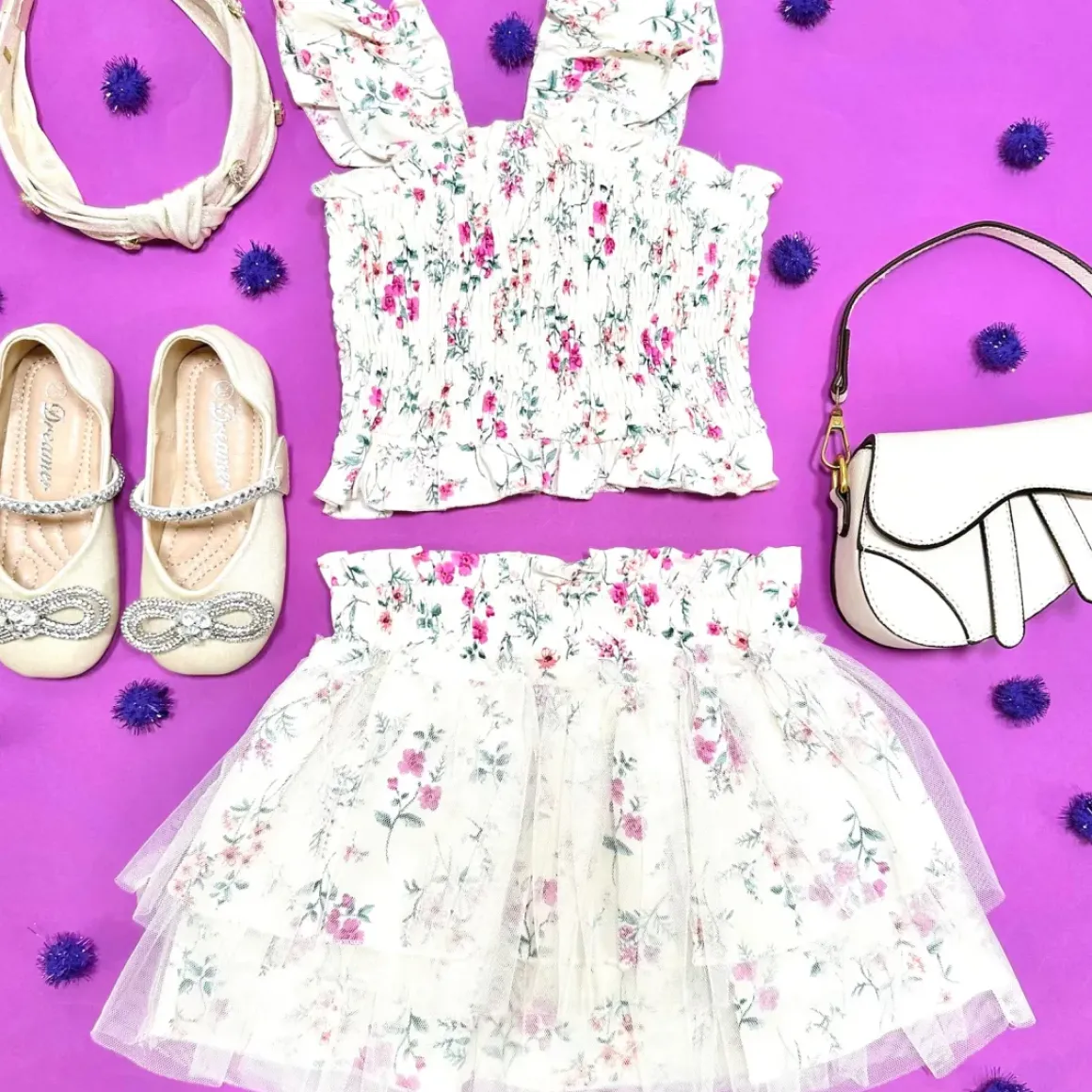 FLORAL SMOCKED TOP AND TUTU SKIRT SET