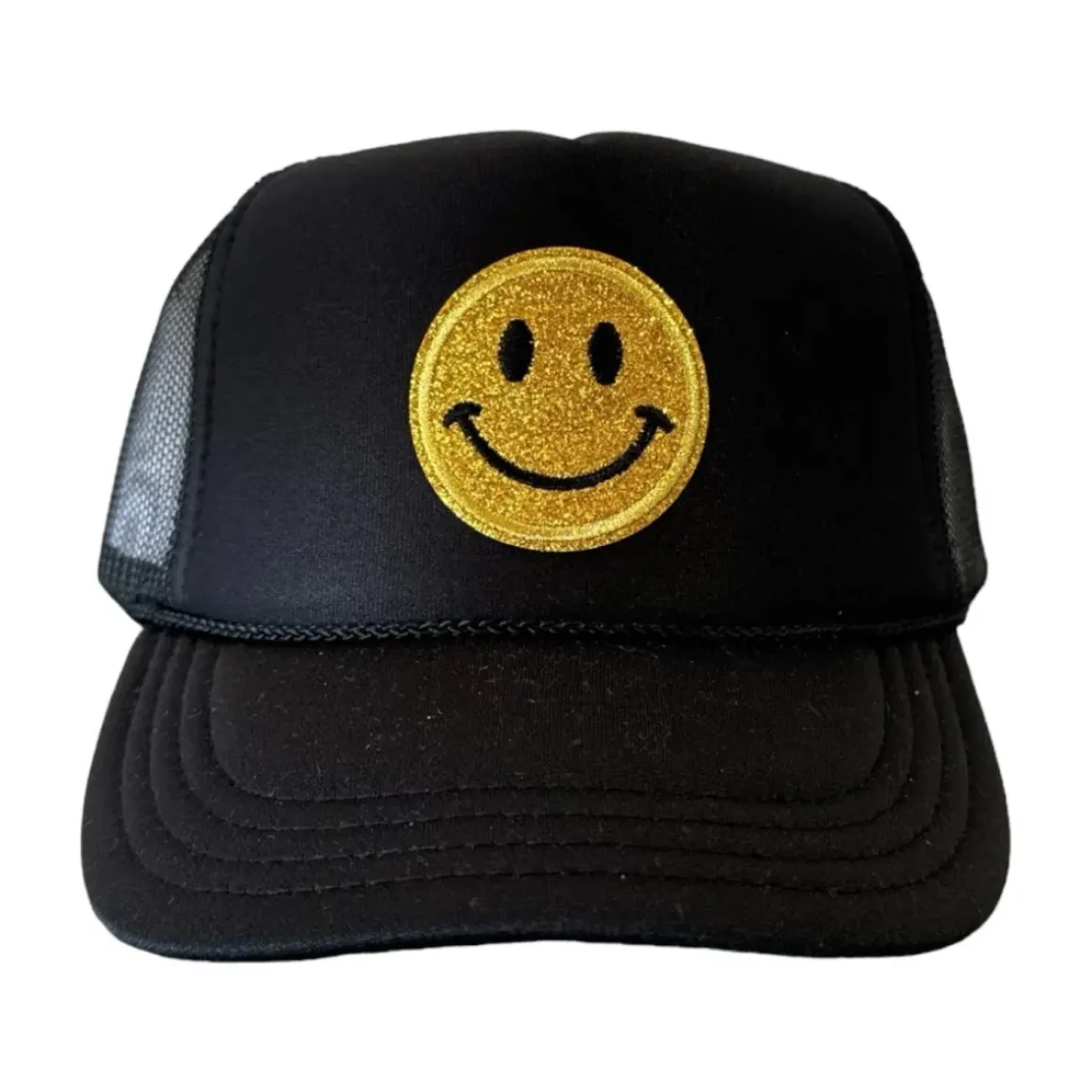 GLITTER SMILEY FACE TRUCKER HAT