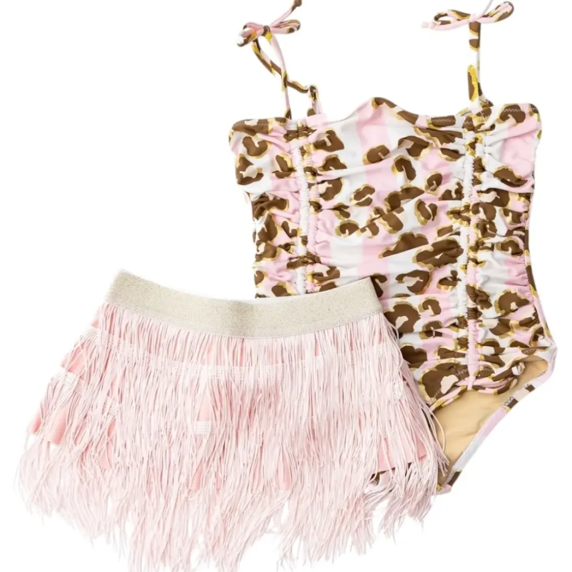 LEOPARD METALLIC ONE PIECE SWIMSUIT W/ FRINGE SKIRT SET