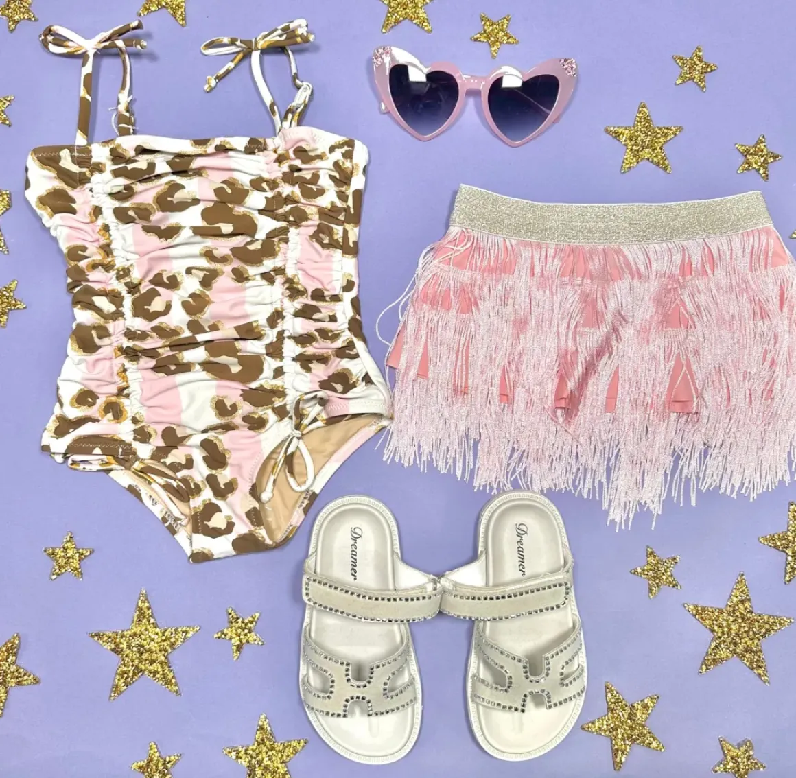 LEOPARD METALLIC ONE PIECE SWIMSUIT W/ FRINGE SKIRT SET