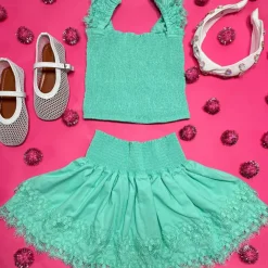 MARIEL MINT CRUSH SMOCKED TOP AND RUFFLE SKIRT