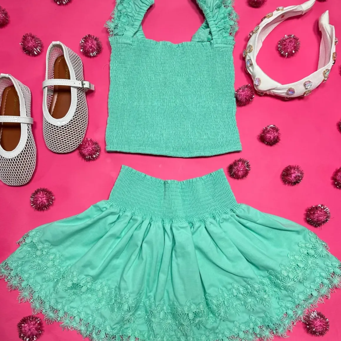 MARIEL MINT CRUSH SMOCKED TOP AND RUFFLE SKIRT