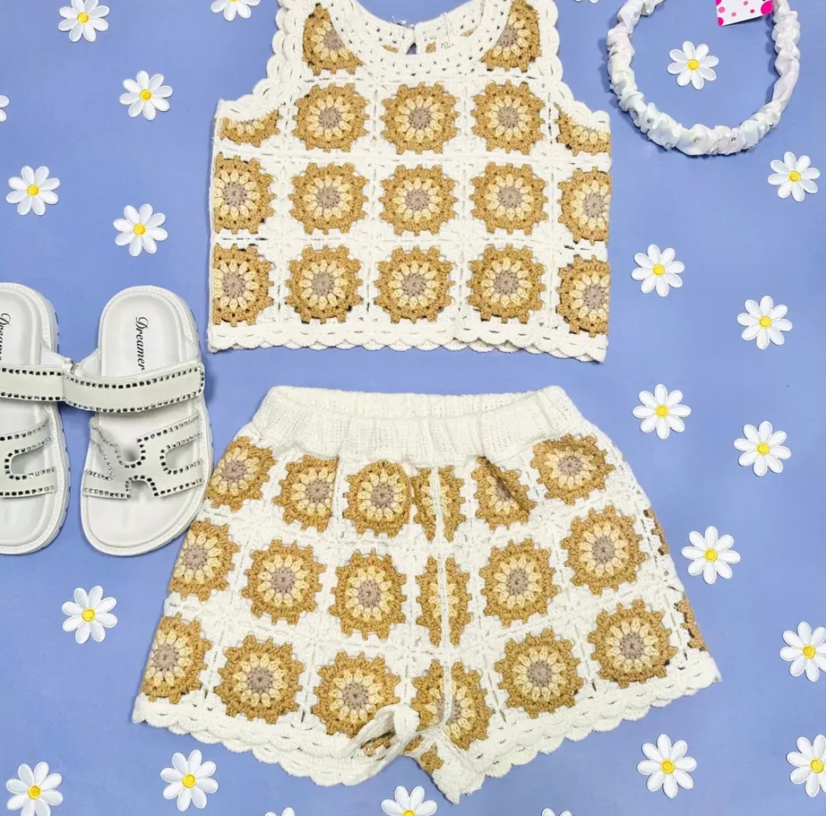 MARIGOLD DAISY CROCHET TANK AND SHORTS SET