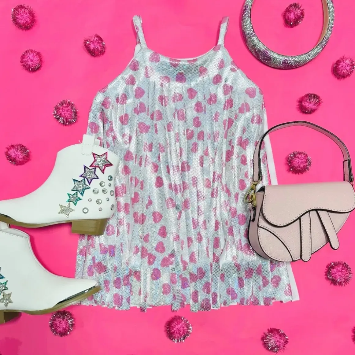 METALLIC HEARTS FRINGE DRESS