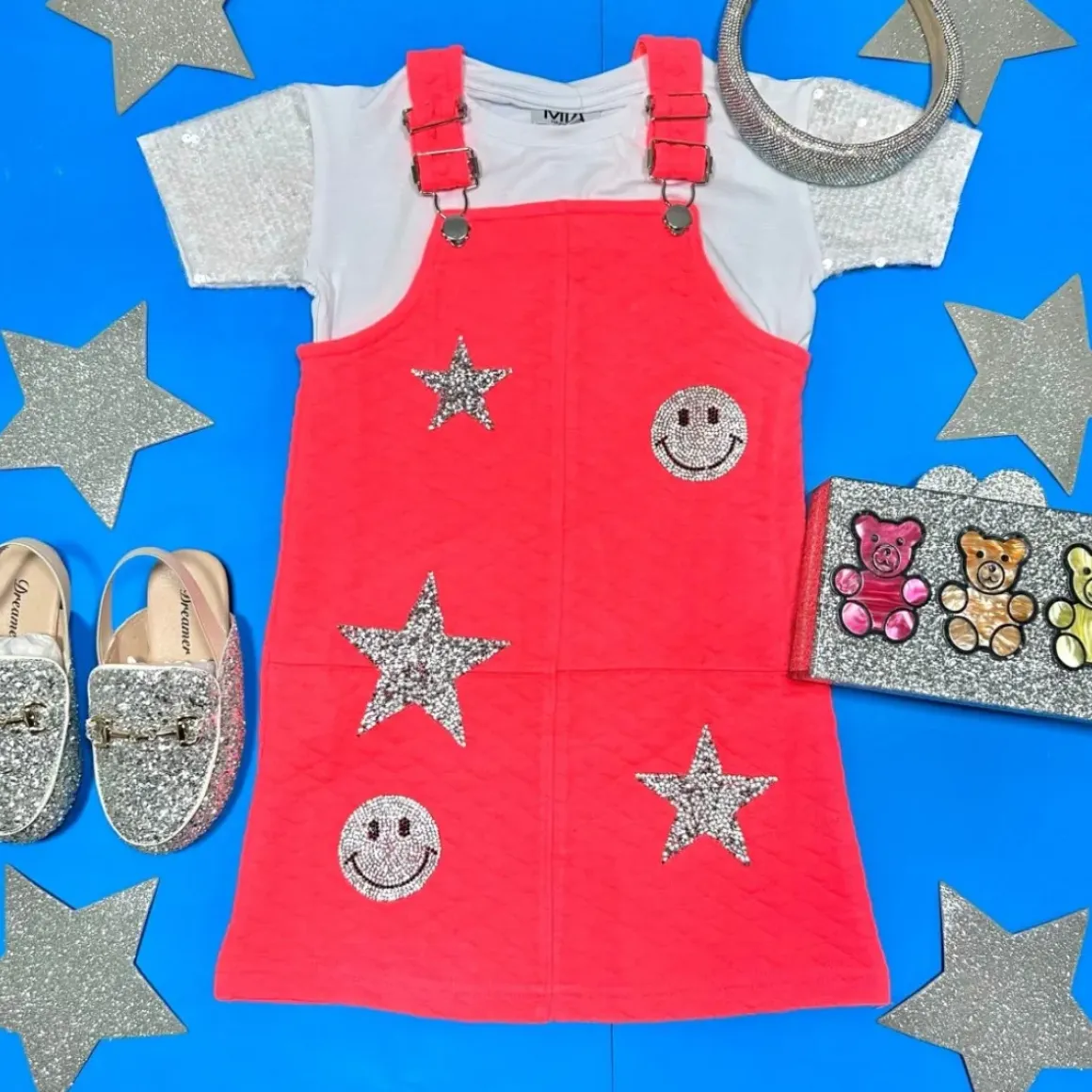 METALLIC PATCHES NEON OVERALL DRESS