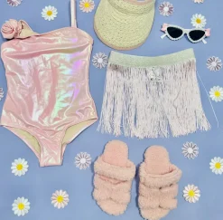 METALLIC ROSE ONE PIECE SWIMSUIT W/ FRINGE SKIRT SET