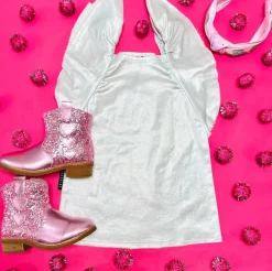 METALLIC RUFFLE DENIM DRESS