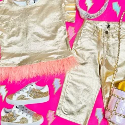 METALLIC TOP W/ FEATHERS