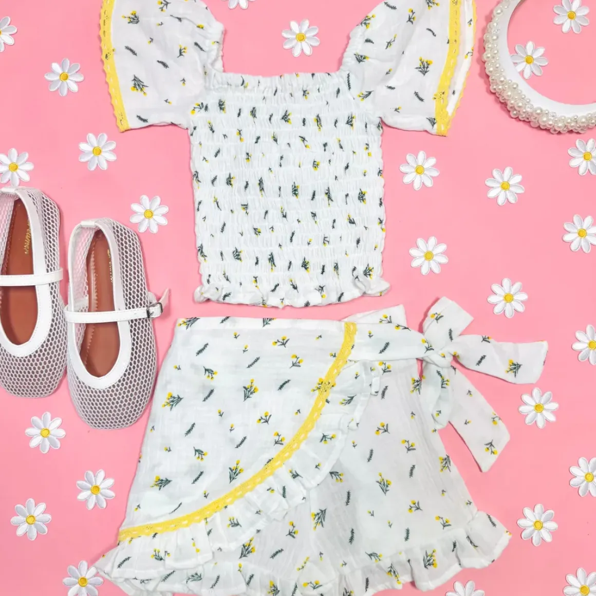 MIMOSA ROSES SMOCKED FLUTTER SLEEVE TOP AND WRAP SKORT SET