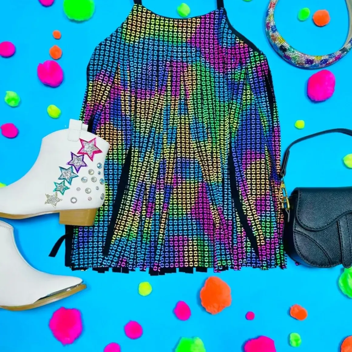 NEON SEQUIN PRINT FRINGE DRESS
