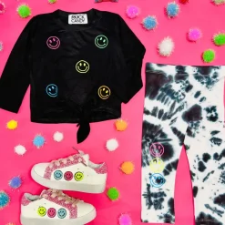 NEON SMILEY FACE LONG SLEEVE TOP AND TIE DYE LEGGINGS SET