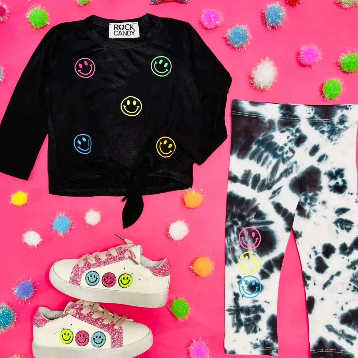 NEON SMILEY FACE LONG SLEEVE TOP AND TIE DYE LEGGINGS SET