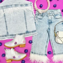 OVERSIZED FEATHER TRIMMED DENIM VEST
