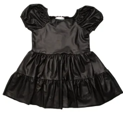 PLEATHER PUFF SHOULDER RUFFLE DRESS