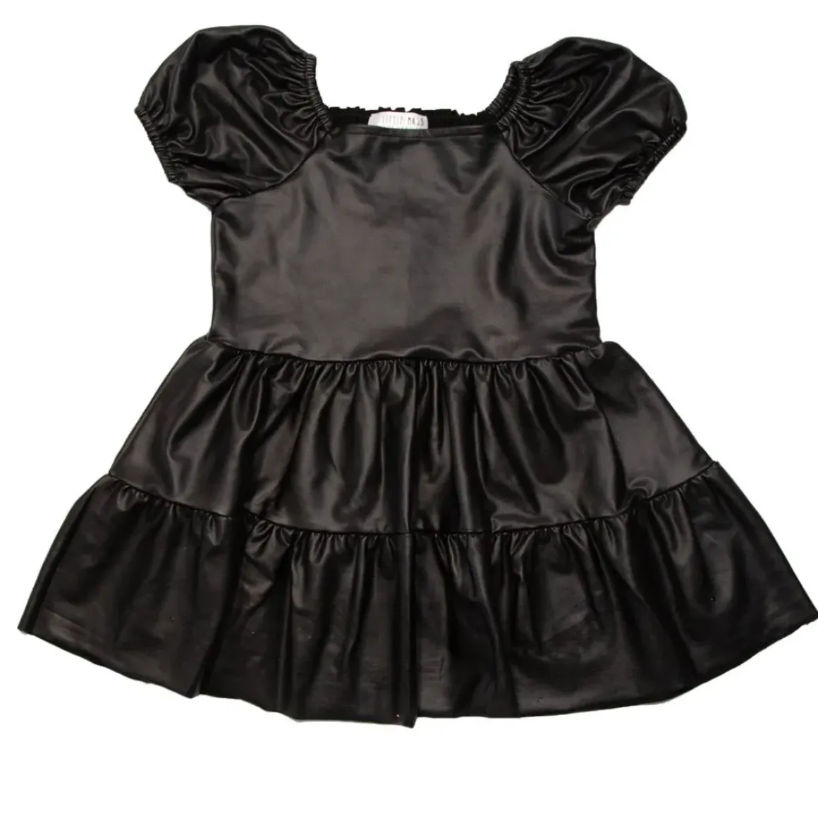 PLEATHER PUFF SHOULDER RUFFLE DRESS