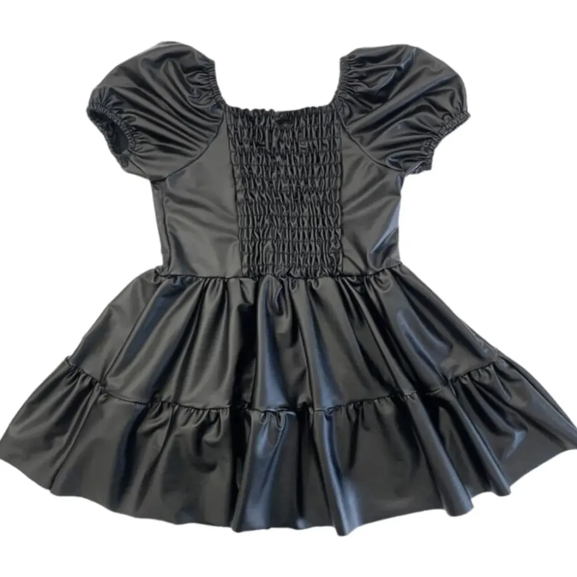 PLEATHER PUFF SHOULDER RUFFLE DRESS