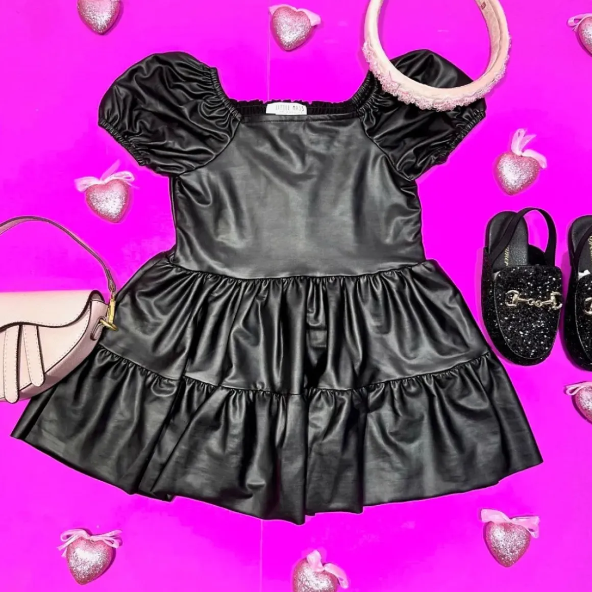 PLEATHER PUFF SHOULDER RUFFLE DRESS