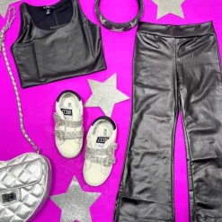 PLEATHER TANK TOP AND FLARE PLEATHER PANTS SET