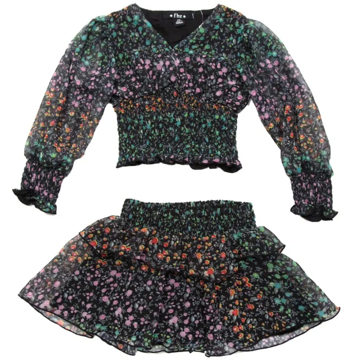 RAINBOW FLORAL BLOUSE AND RUFFLE SKIRT SET