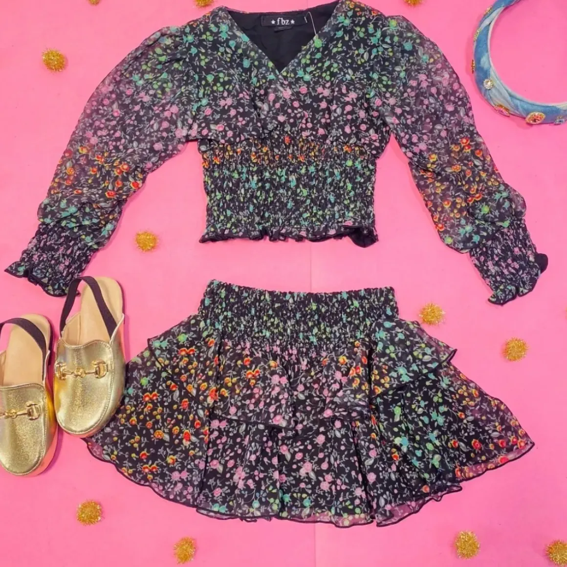 RAINBOW FLORAL BLOUSE AND RUFFLE SKIRT SET