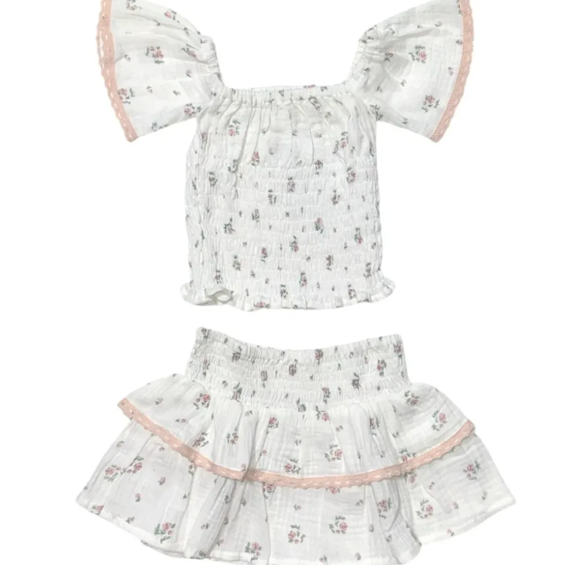ROSES SMOCKED FLUTTER SLEEVE TOP AND RUFFLE SKIRT SET