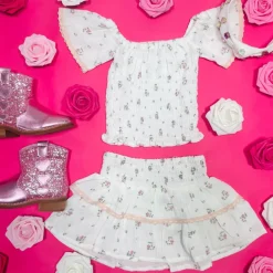 ROSES SMOCKED FLUTTER SLEEVE TOP AND RUFFLE SKIRT SET