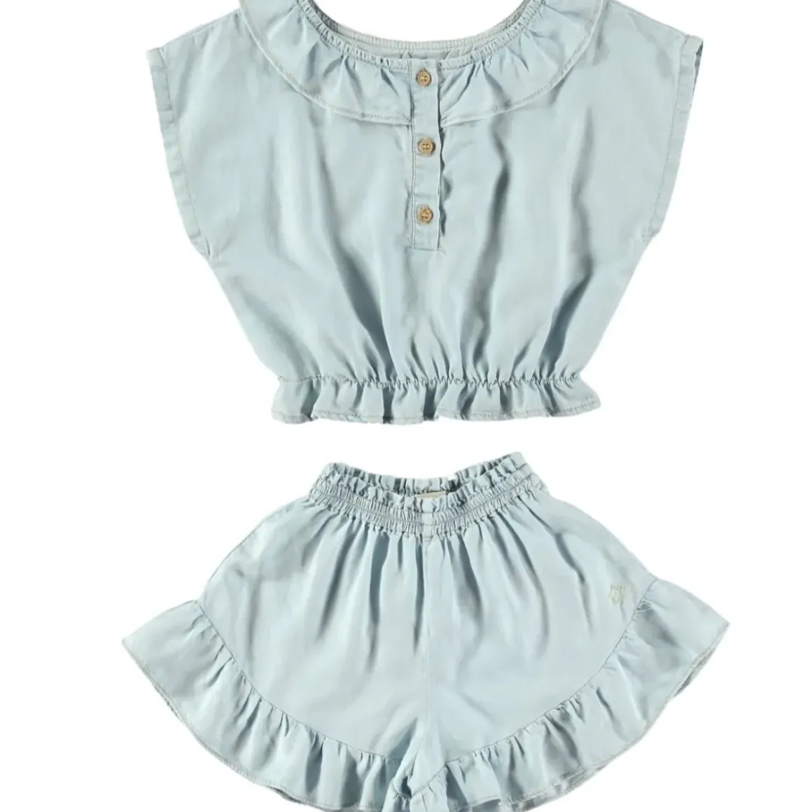 RUFFLED CHAMBRAY TOP AND SHORTS SET