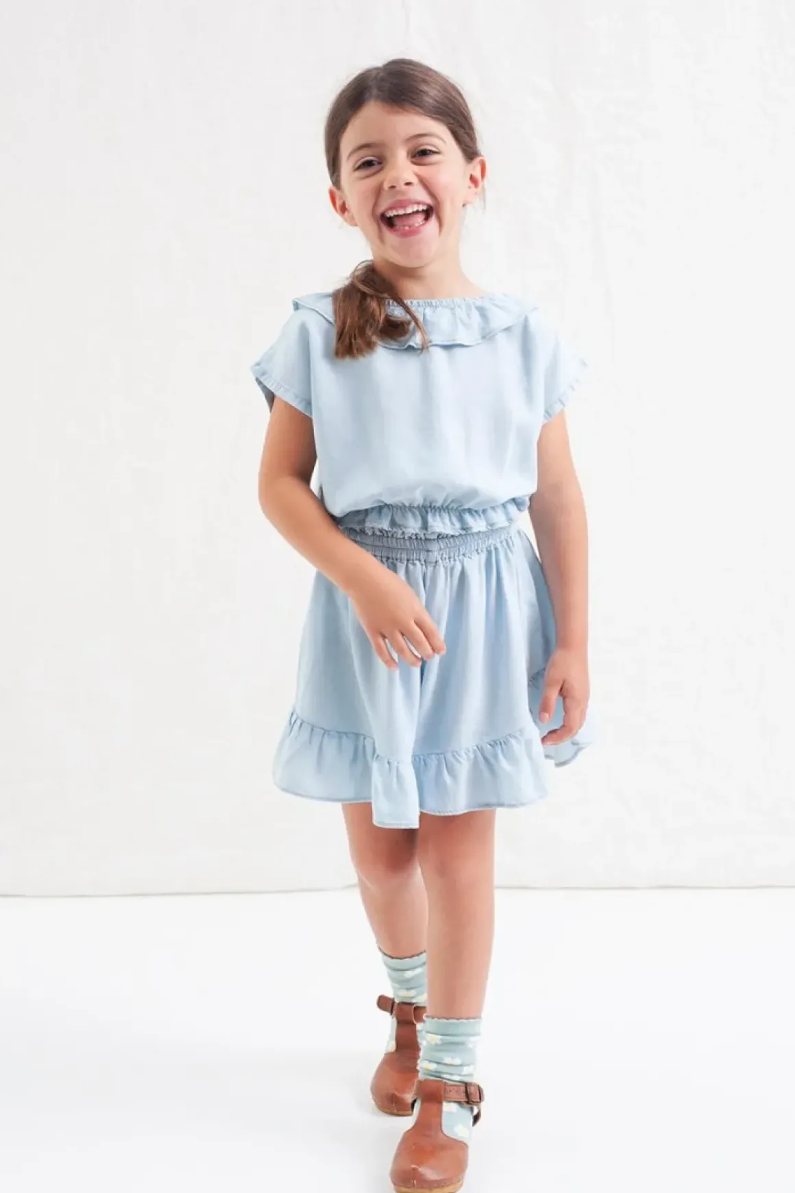 RUFFLED CHAMBRAY TOP AND SHORTS SET