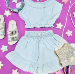 RUFFLED CHAMBRAY TOP AND SHORTS SET
